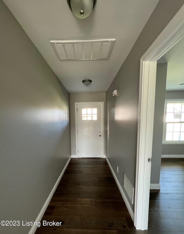 corridor with plenty of natural light and dark hardwood / wood-style floors