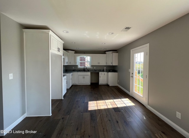 kitchen featuring white cabinets, plenty of natural light, and dark hardwood / wood-style flooring