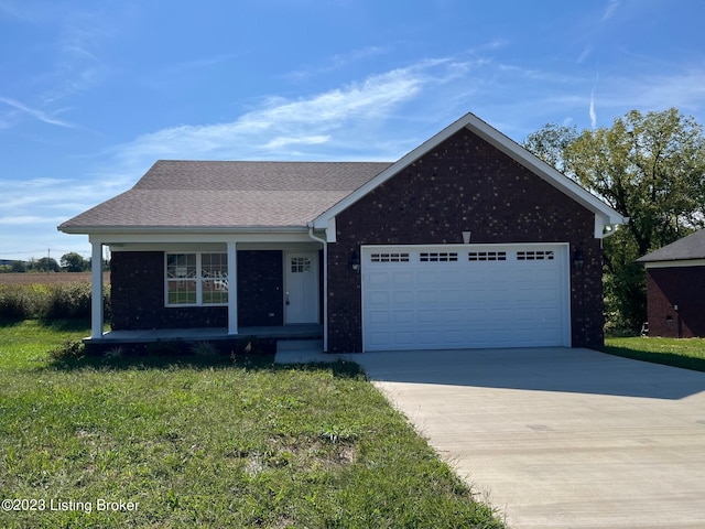 single story home featuring a front lawn, a porch, and a garage