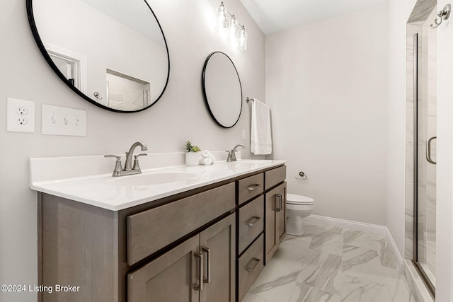 full bathroom featuring marble finish floor, a sink, a shower stall, and toilet