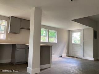 kitchen featuring hardwood / wood-style flooring and gray cabinetry