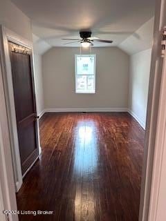 additional living space featuring ceiling fan, dark hardwood / wood-style floors, and vaulted ceiling