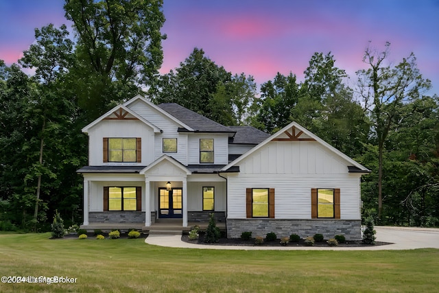 4203 Ballard Ridge Ct Lot 3, Smithfield, KY 40068 - modern inspired farmhouse with french doors, a lawn, stone siding, a porch, and board and batten siding