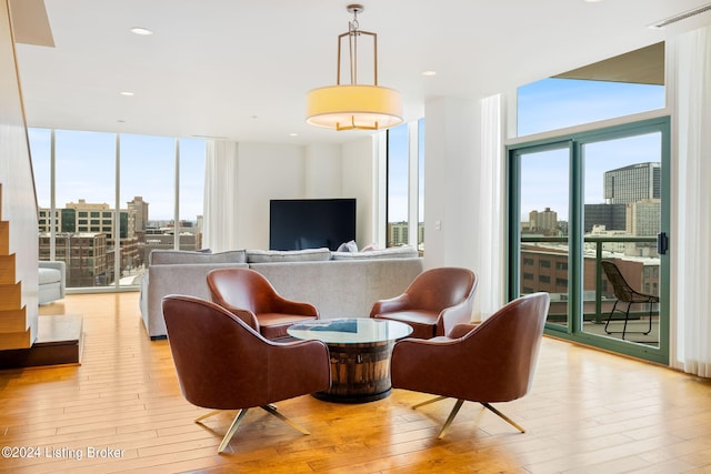 living room featuring a wall of windows and light wood-type flooring