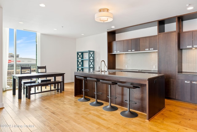 kitchen with tasteful backsplash, plenty of natural light, light hardwood / wood-style floors, a kitchen breakfast bar, and a kitchen island with sink