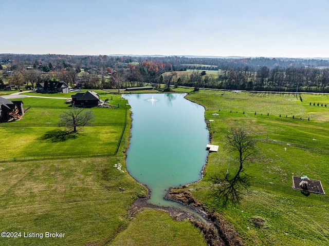 bird's eye view featuring a rural view and a water view