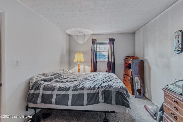 carpeted bedroom with a textured ceiling