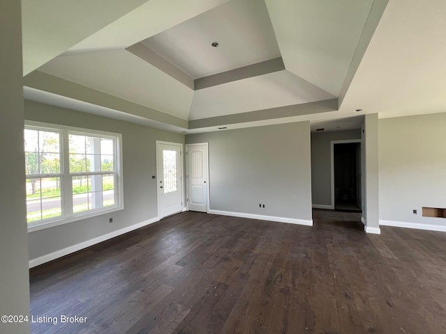 spare room with dark hardwood / wood-style flooring and a raised ceiling