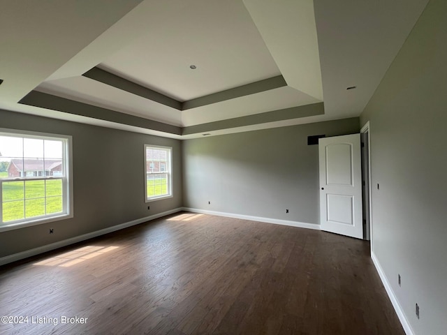 unfurnished room with a raised ceiling and dark hardwood / wood-style flooring