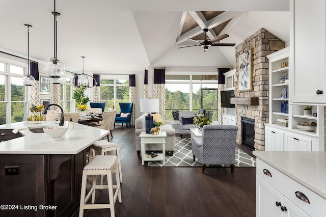 interior space with built in features, ceiling fan with notable chandelier, dark hardwood / wood-style flooring, sink, and a stone fireplace