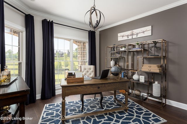 home office with dark hardwood / wood-style flooring, crown molding, and an inviting chandelier