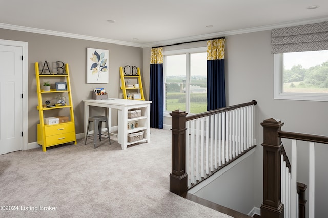 carpeted bedroom with ornamental molding