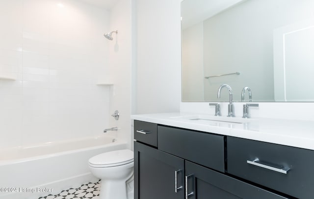 full bathroom featuring tile patterned flooring, shower / bath combination, toilet, and vanity