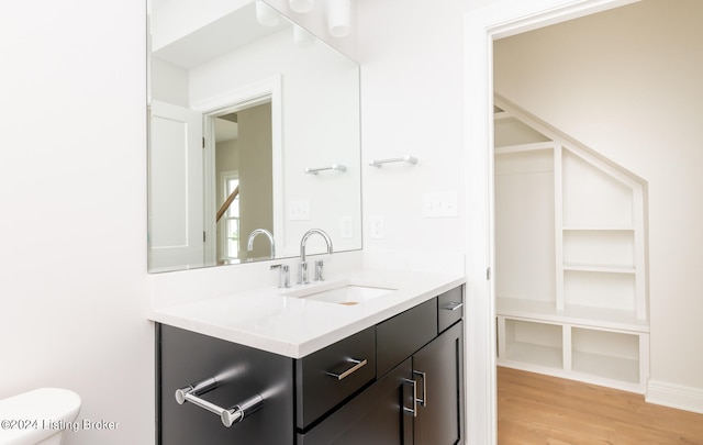 bathroom with wood-type flooring, toilet, and vanity