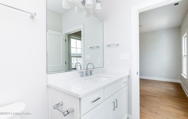 bathroom with vanity, wood-type flooring, and toilet