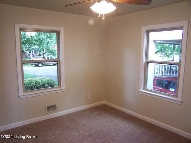 carpeted spare room with ceiling fan and a healthy amount of sunlight