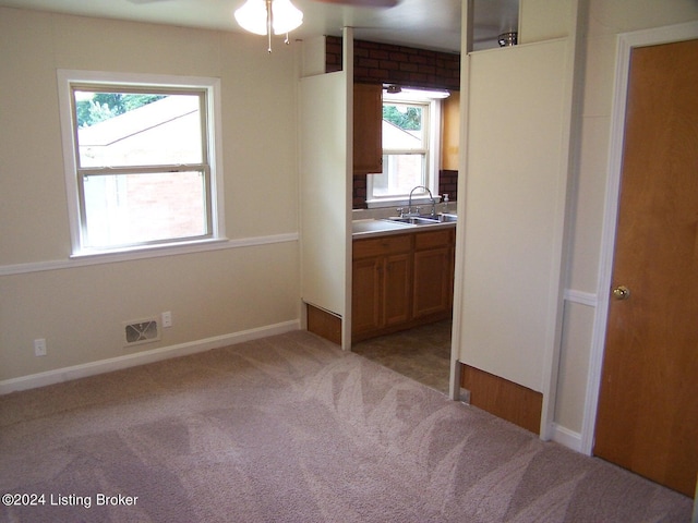 interior space with light colored carpet, ceiling fan, and sink