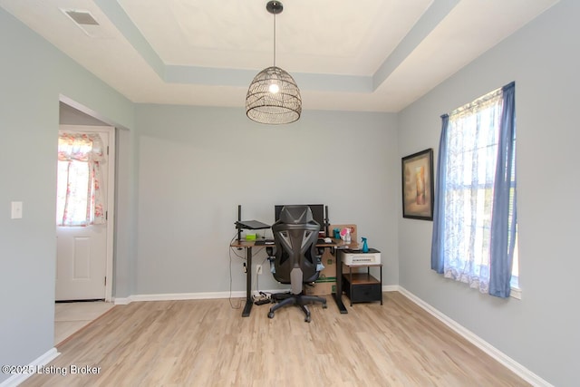 office space with a tray ceiling, baseboards, plenty of natural light, and wood finished floors
