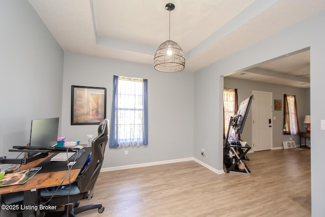 office space featuring baseboards, wood finished floors, and a raised ceiling