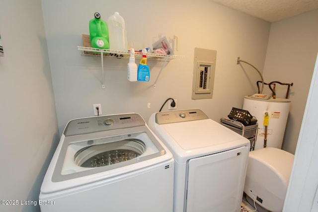 laundry room featuring electric panel, water heater, independent washer and dryer, and laundry area