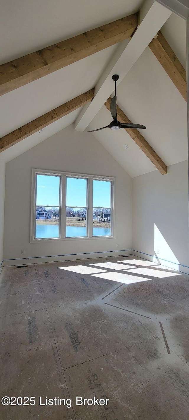 spare room featuring a water view, vaulted ceiling with beams, and ceiling fan