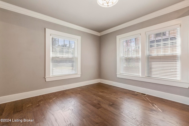 spare room featuring dark wood-type flooring and ornamental molding