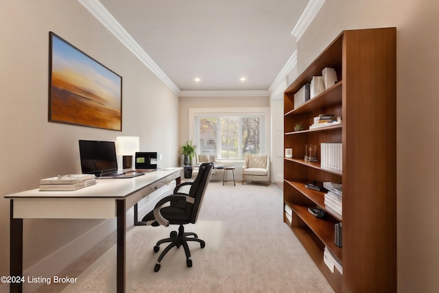 office featuring light carpet and ornamental molding