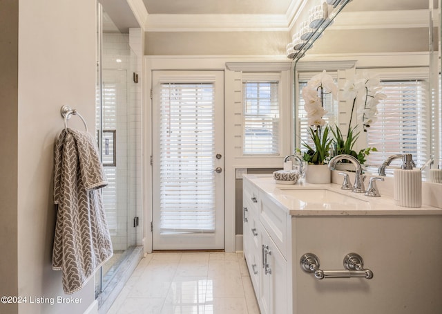 bathroom with crown molding, tile flooring, and large vanity