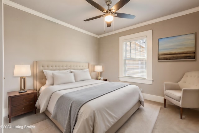 bedroom featuring ceiling fan and crown molding