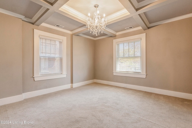 unfurnished room with coffered ceiling, beam ceiling, a chandelier, and light colored carpet