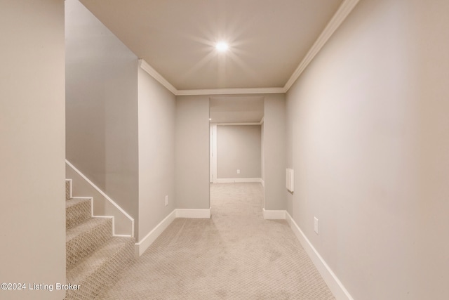 interior space with crown molding and light carpet