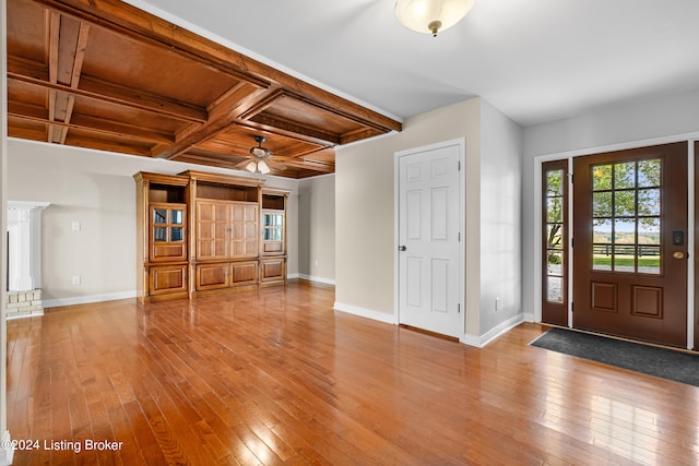 entryway featuring beamed ceiling, wood-type flooring, ceiling fan, and coffered ceiling