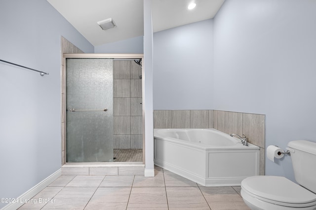 bathroom featuring toilet, tile floors, independent shower and bath, and vaulted ceiling