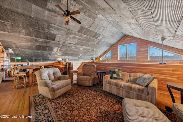 1478 Robbin Ln, Cub Run, KY 42729 - living room featuring hardwood / wood-style floors, a ceiling fan, wood walls, and lofted ceiling