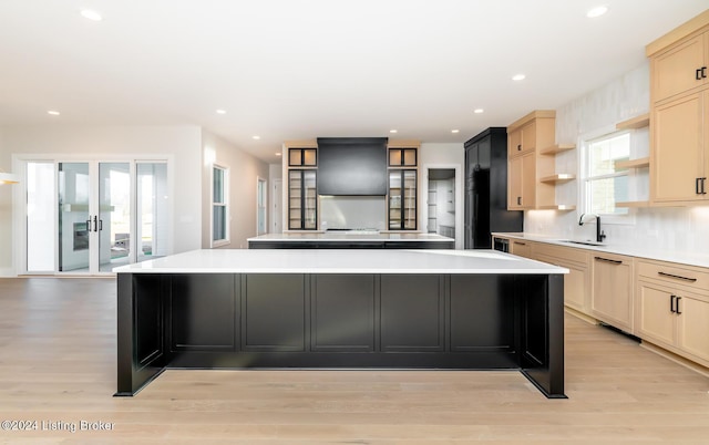 kitchen featuring dishwasher, backsplash, a spacious island, sink, and light hardwood / wood-style flooring