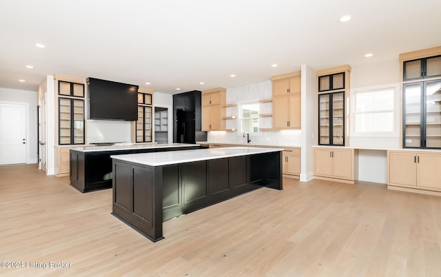 kitchen featuring light brown cabinetry, a kitchen island, a healthy amount of sunlight, and light wood-type flooring