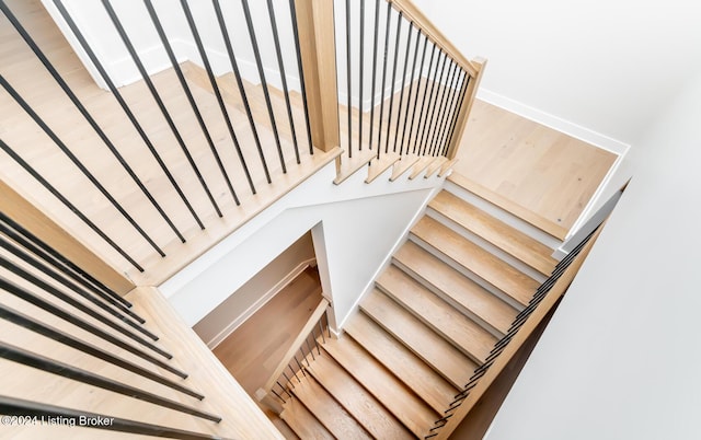 staircase with hardwood / wood-style floors