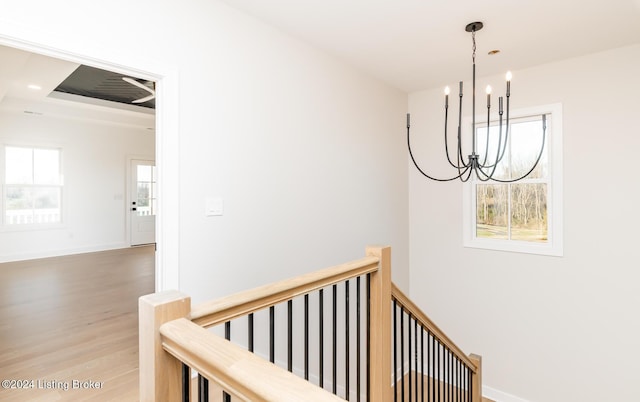 hall featuring hardwood / wood-style flooring and an inviting chandelier