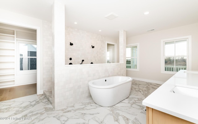 bathroom featuring vanity and independent shower and bath