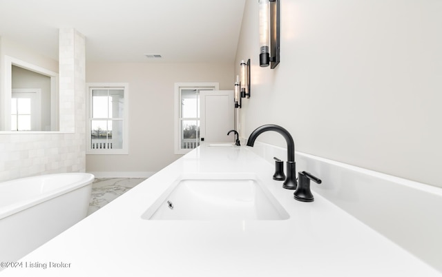 bathroom featuring a bathing tub, vanity, and a wealth of natural light