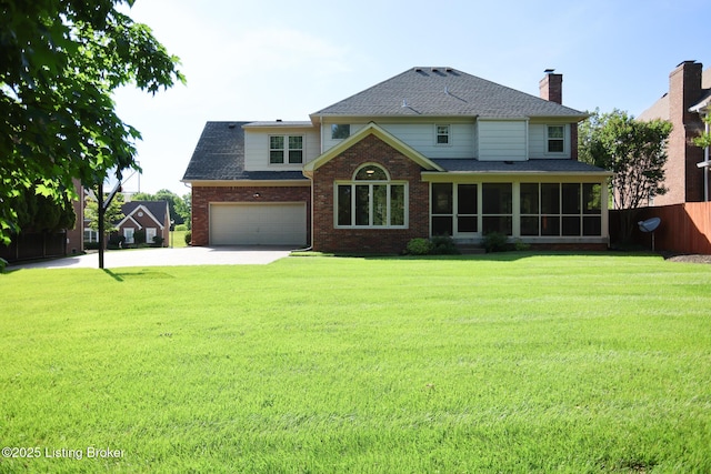 9602 Moorfield Cir, Louisville, KY 40241 - back of house with driveway, brick siding, a garage, a sunroom, and a shingled roof