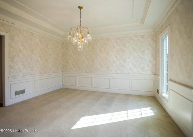 9602 Moorfield Cir, Louisville, KY 40241 - unfurnished room with a chandelier, light carpet, crown molding, wallpapered walls, and a wainscoted wall