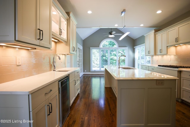 9602 Moorfield Cir, Louisville, KY 40241 - kitchen featuring a sink, a ceiling fan, dark wood-style floors, lofted ceiling, and recessed lighting