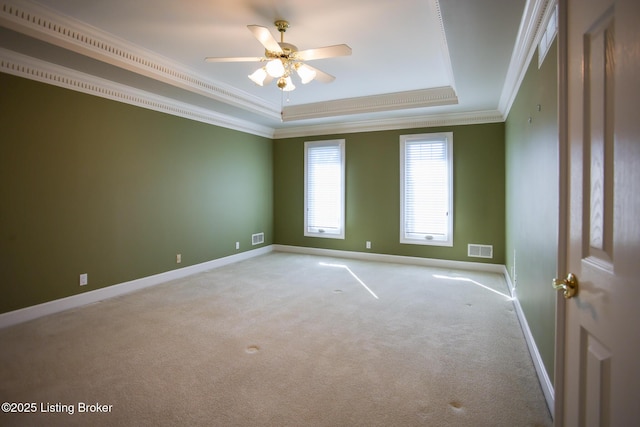 9602 Moorfield Cir, Louisville, KY 40241 - carpeted empty room featuring a tray ceiling, crown molding, baseboards, and a ceiling fan