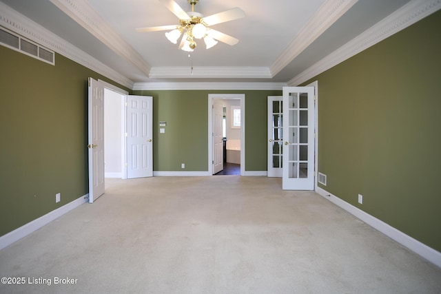 9602 Moorfield Cir, Louisville, KY 40241 - carpeted empty room with french doors, ornamental molding, a tray ceiling, ceiling fan, and baseboards