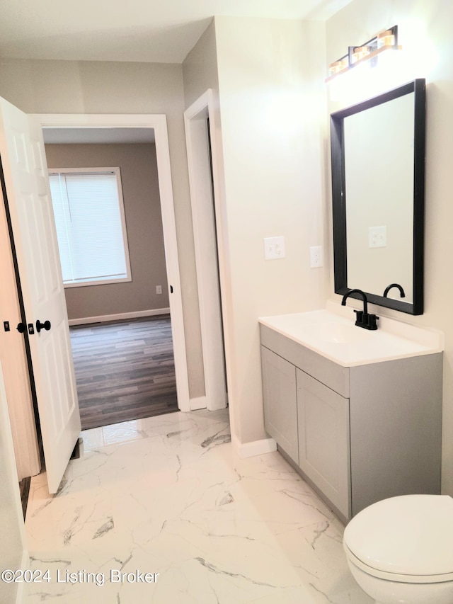 bathroom with vanity, hardwood / wood-style floors, and toilet