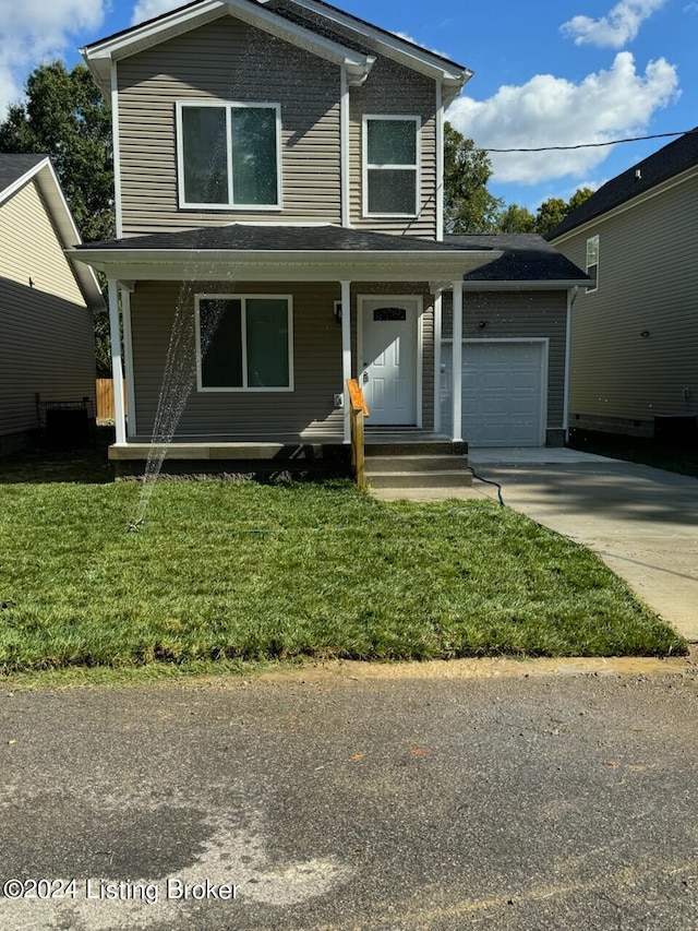 view of property with a front yard, a garage, and covered porch