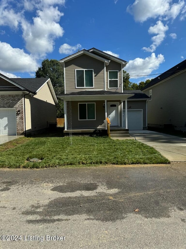 front facade with a front lawn and covered porch