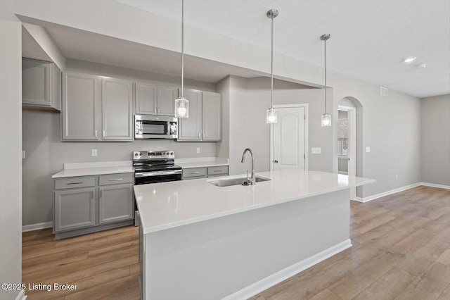 kitchen with sink, a center island with sink, gray cabinetry, and stainless steel appliances