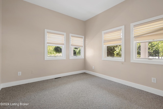 spare room with vaulted ceiling and carpet flooring